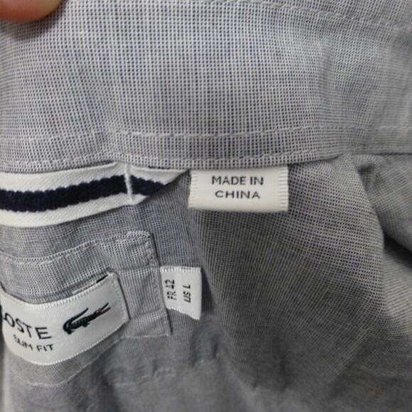 Lacoste Shirt Mens Large FR 42 Slim Fit Button Up Gray Croc Logo Striped Preppy - Picture 7 of 11